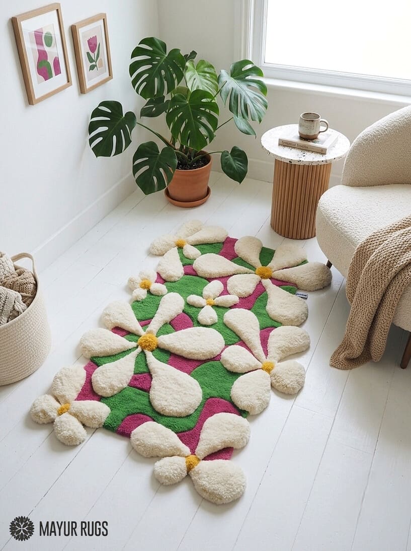 Blooming garden 3D hand-tufted wool area rug featuring raised cream-white flowers with golden centers over a vibrant pink and green organic botanical pattern by Mayur Rugs.