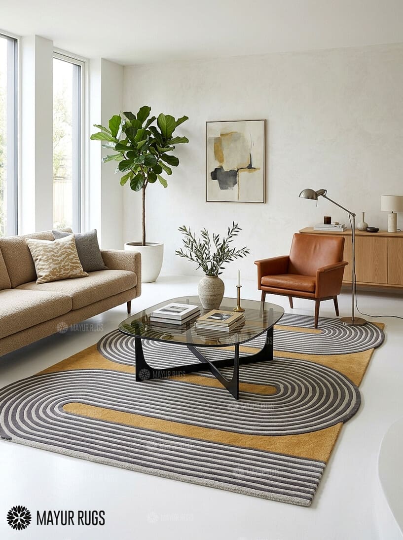 Mustard wave line geometric hand-tufted wool area rug featuring continuous charcoal grey and ivory curved lines over a warm mustard-yellow background in an abstract maze-inspired pattern by Mayur Rugs.