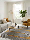 Mustard wave line geometric hand-tufted wool area rug featuring continuous charcoal grey and ivory curved lines over a warm mustard-yellow background in an abstract maze-inspired pattern by Mayur Rugs.