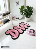 DIVA pink Y2K hand-tufted custom wool rug featuring oversized bubble-style pink lettering with lighter highlights and a bold black outline by Mayur Rugs.