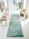 Coastal Tide abstract hand-tufted wool runner rug featuring a muted blue and teal base with raised ivory flowing wave patterns and scattered circular accents for modern coastal interiors by Mayur Rugs.