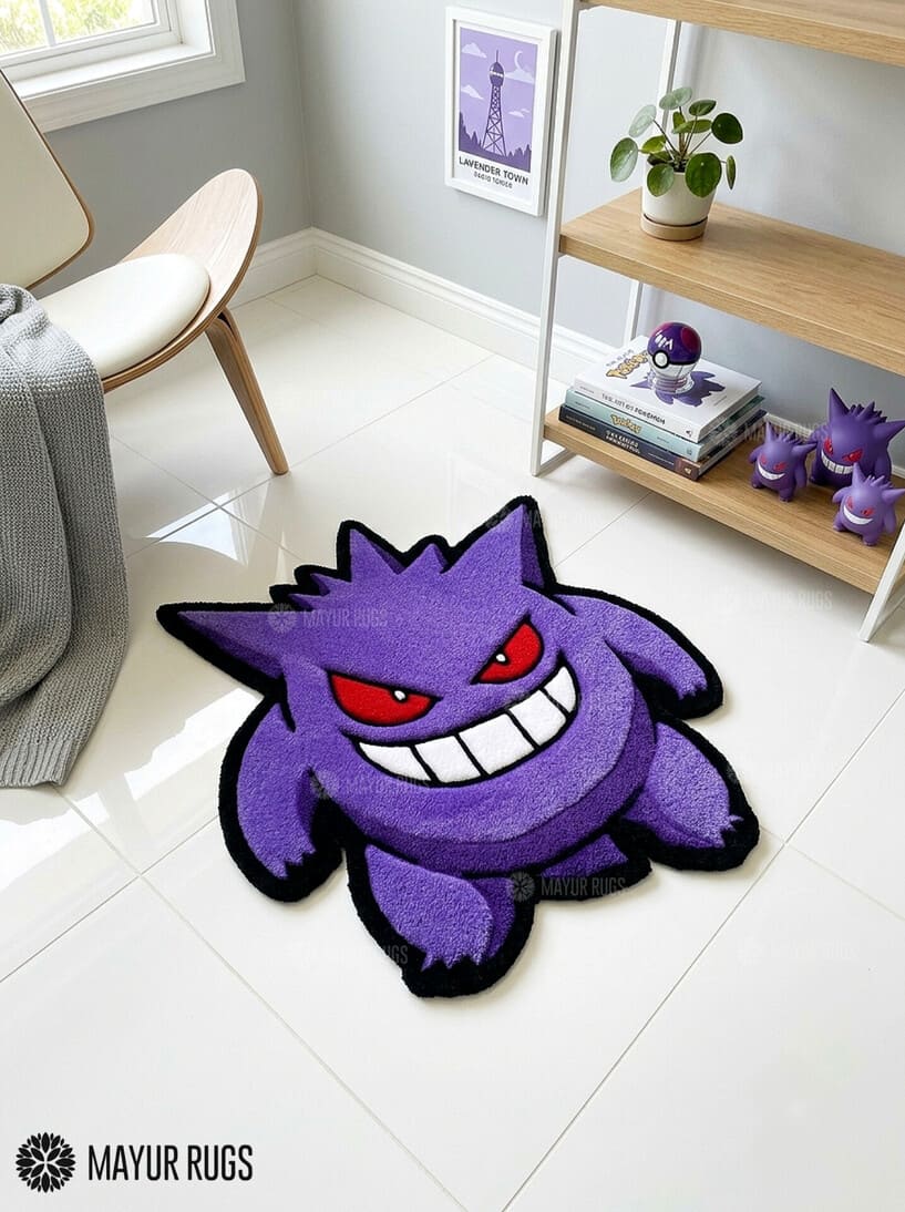 Gengar inspired Pokémon hand-tufted custom wool rug featuring a purple ghost character with red eyes, oversized white teeth, a mischievous grin, and bold black outlines by Mayur Rugs.