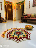 Festive rangoli-inspired hand-tufted floral mandala rug in maroon, mustard yellow, green and ivory with a scalloped flower shape by Mayur Rugs.
