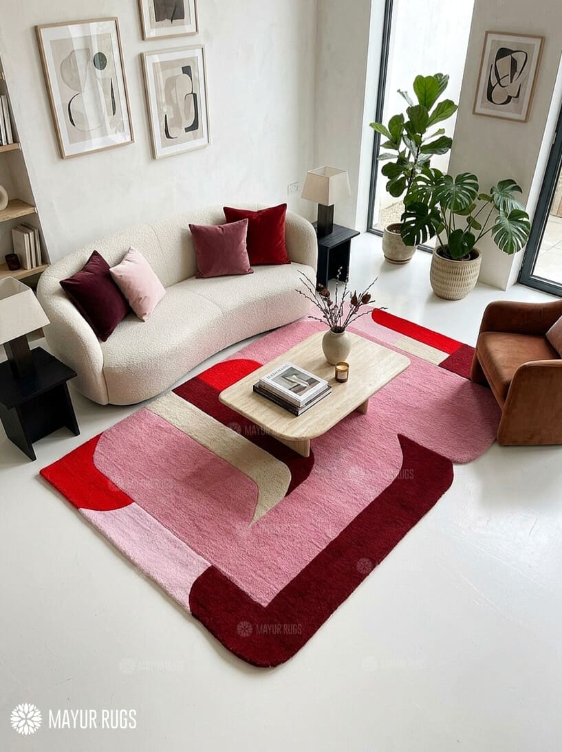 Pink Mirage abstract area rug featuring pink, red, burgundy, and ivory curved geometric shapes in a contemporary color-blocked design by Mayur Rugs.