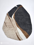 Modern abstract rug with an irregular organic shape, charcoal grey sections, taupe and brown curves, ivory bands, and fine linear detailing by Mayur Rugs.