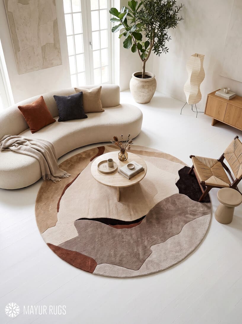 Round abstract area rug featuring flowing organic shapes in beige, ivory, taupe, chocolate brown, and rust tones by Mayur Rugs.