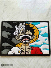 Joy Boy × Luffy inspired One Piece anime handmade wool rug with dynamic character art, premium custom area rug by Mayur Rugs