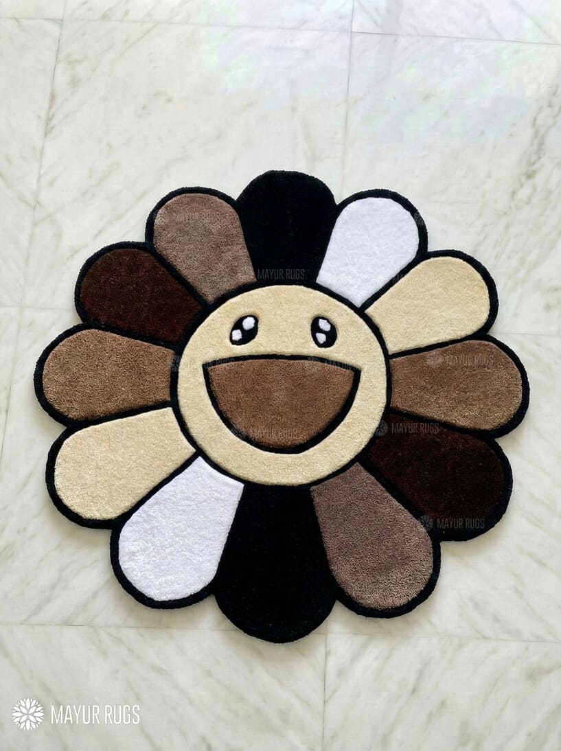 Murakami flower inspired handmade wool rug with colorful pop art design, premium custom area rug by Mayur Rugs