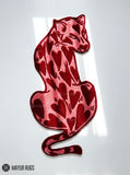 Pink heart leopard hand-tufted custom wool rug featuring a stylized leopard silhouette with layered pink and burgundy heart patterns, detailed face, curled tail, and 3D sculpted artwork by Mayur Rugs.