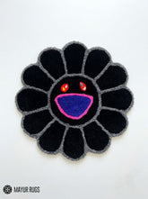 Takashi Murakami flower inspired hand-tufted custom rug handmade in India by Mayur Rugs featuring a smiling flower design crafted from premium New Zealand wool with a dense plush pile.