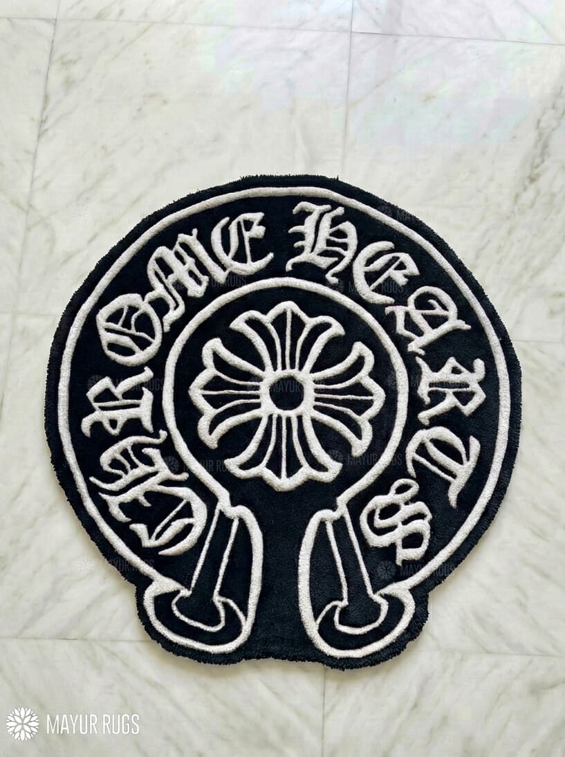 Chrome Hearts inspired hand-tufted wool white rug with gothic cross luxury street design, premium custom area rug by Mayur Rugs