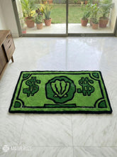 Dollar money inspired handmade wool rug with bold currency motif and street-luxury aesthetic, premium custom area rug by Mayur Rugs