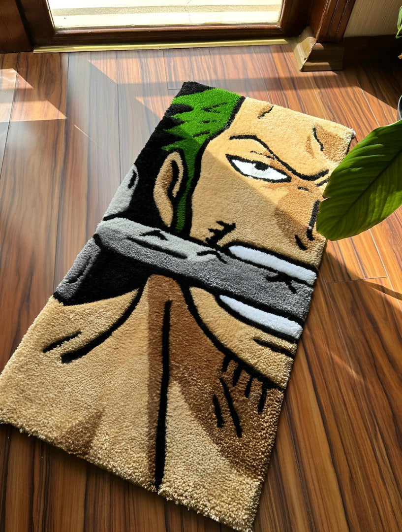 Rug with a character design on a wooden floor