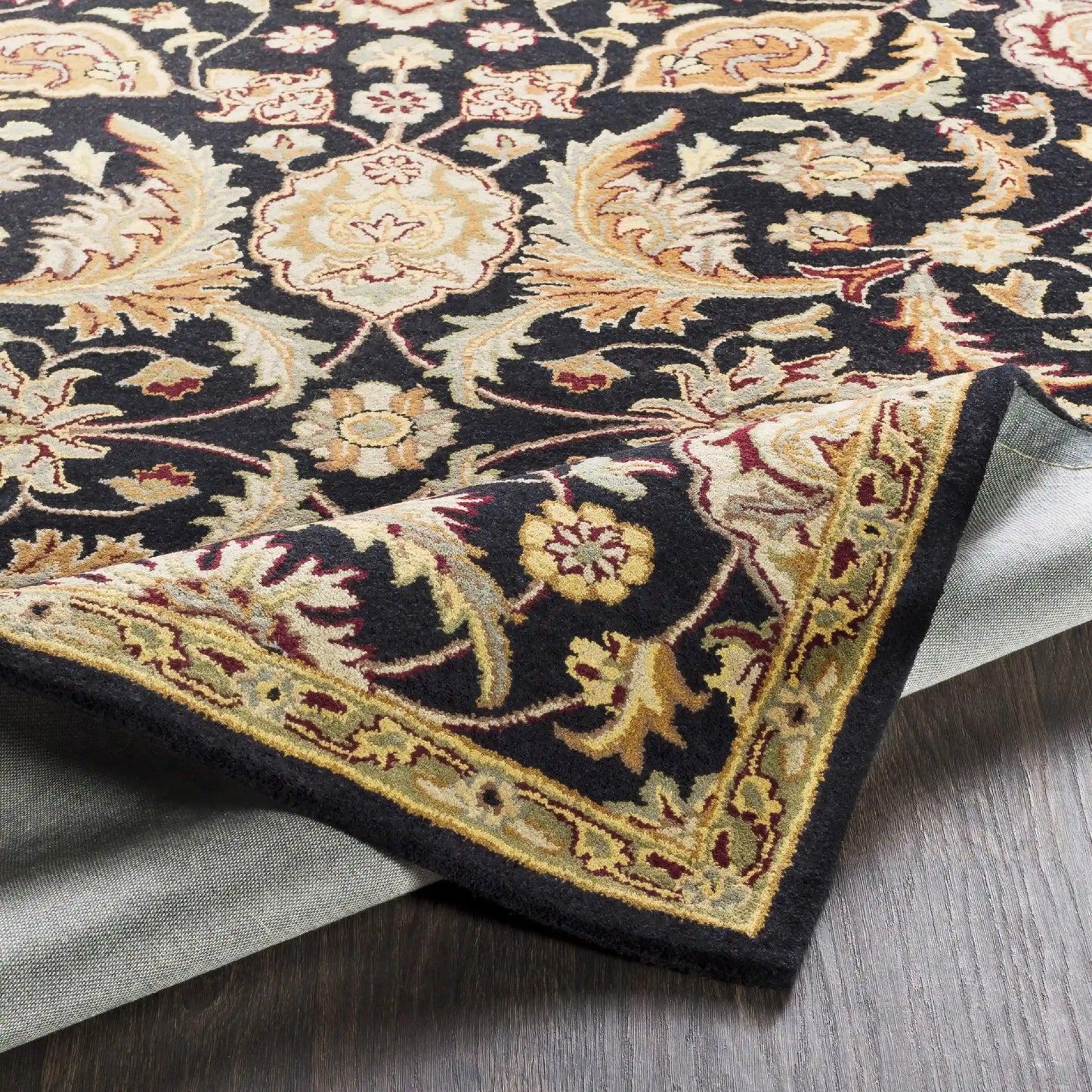 Floral Black/Beige Wool Area Handtufted Rug