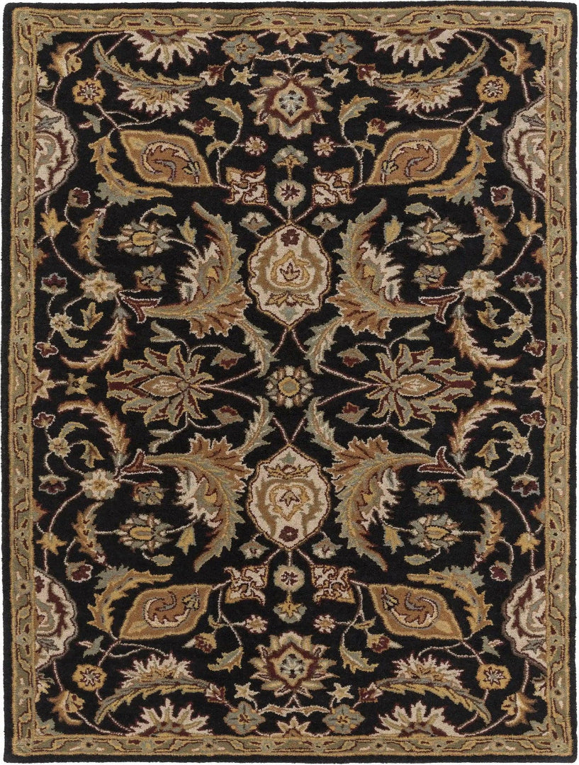 Decorative rug with intricate patterns on a black background