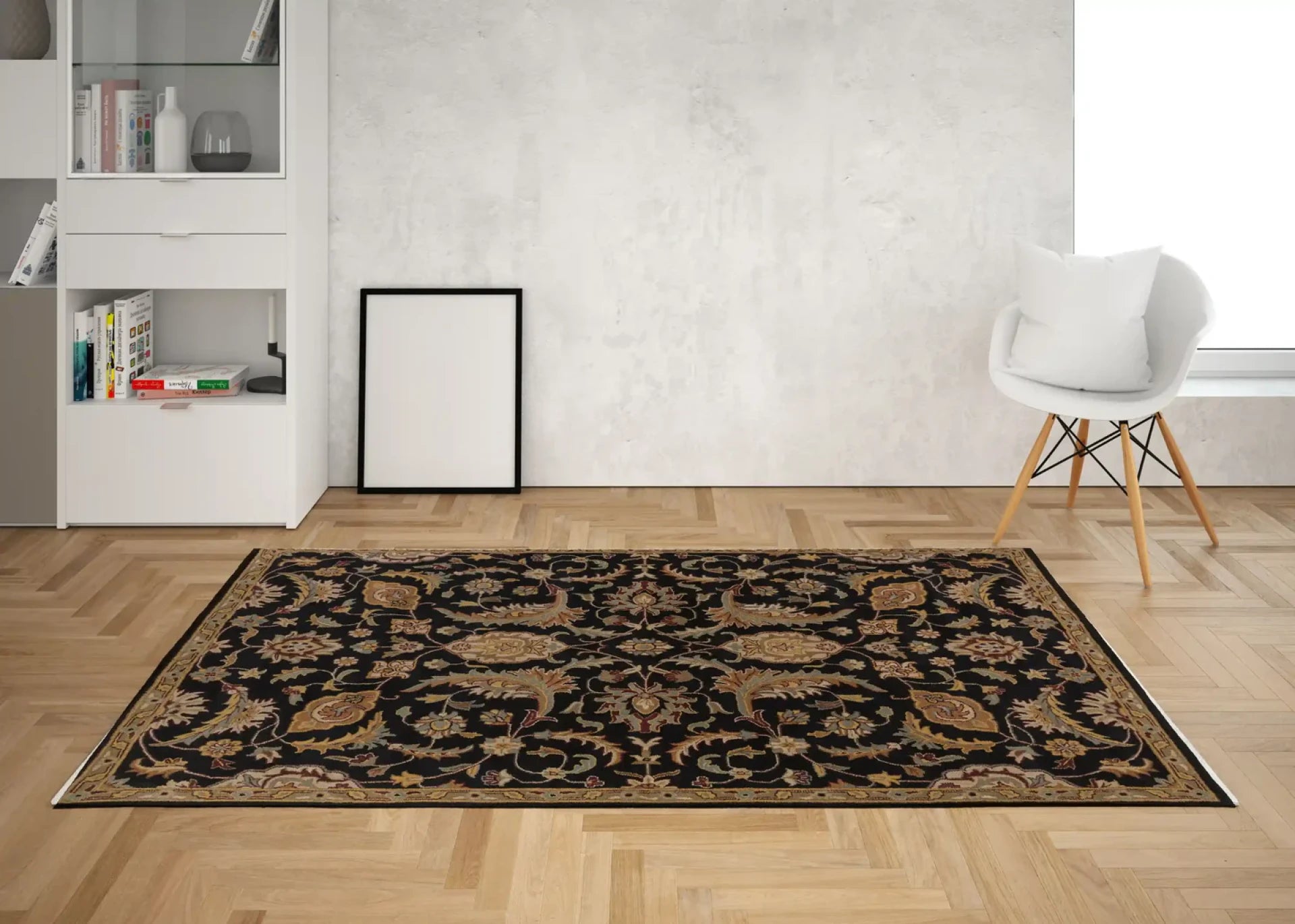 Floral Black/Beige Wool Area Handtufted Rug