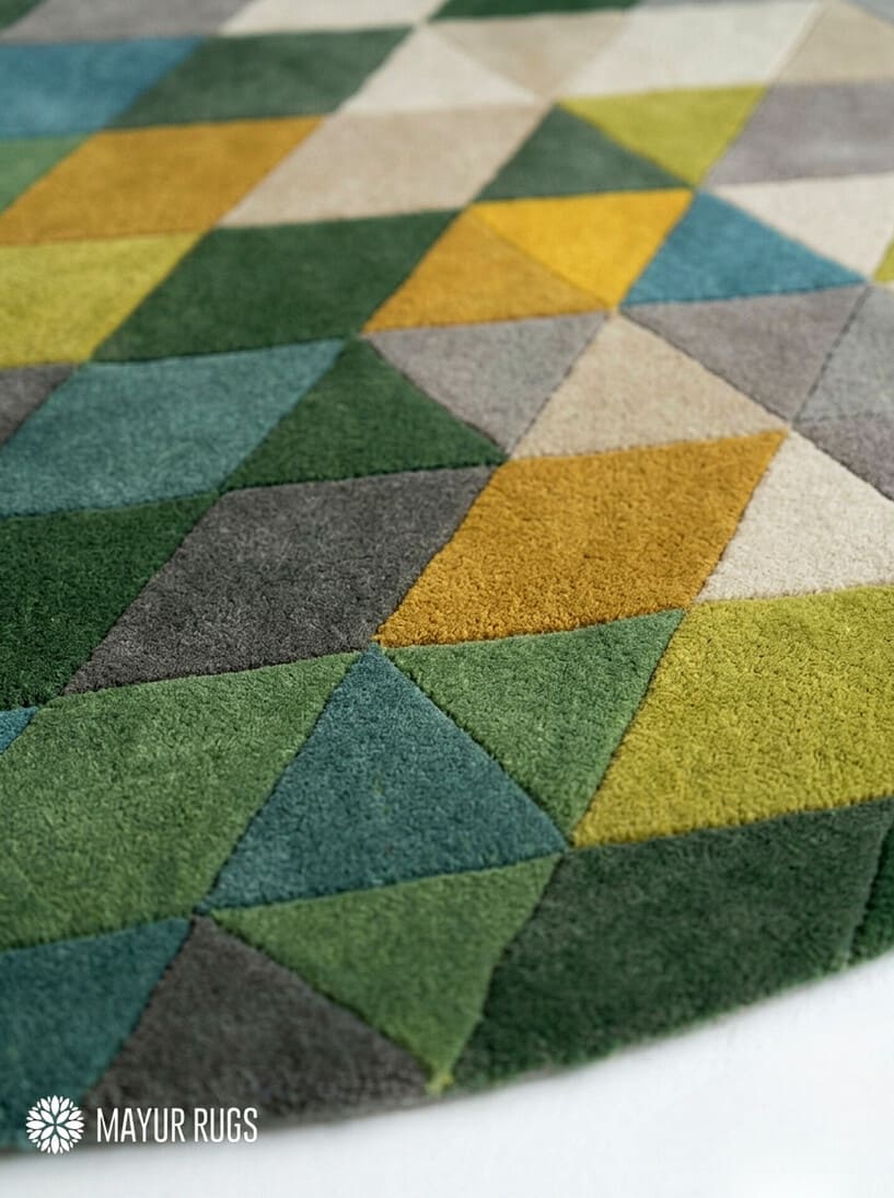 Abstract geometric round hand-tufted wool area rug featuring multicolor triangles and angular shapes in green, mustard, taupe, grey, blue, and cream by Mayur Rugs.