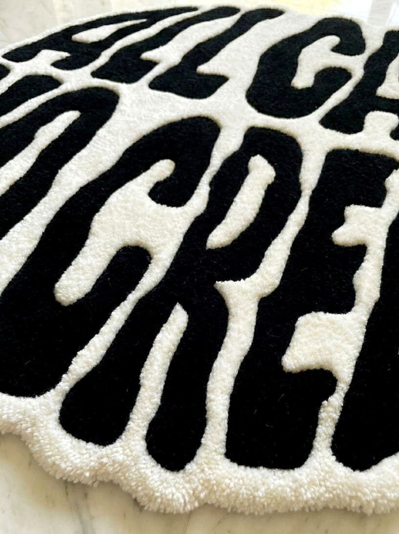 All Cash No Credit typography handmade wool rug with bold street style design, premium custom area rug by Mayur Rugs