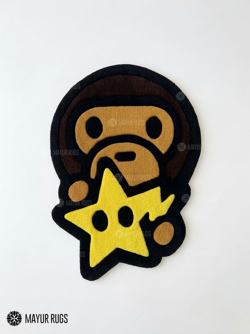 BAPE Baby Milo inspired hand-tufted custom wool rug featuring a brown ape character with bold black outlines and a yellow star accent for streetwear and hypebeast décor by Mayur Rugs.
