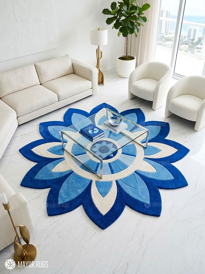 Blue rangoli floral hand-tufted wool area rug featuring symmetrical blue and ivory petals, concentric circles, and mandala-inspired Indian decorative artwork by Mayur Rugs.