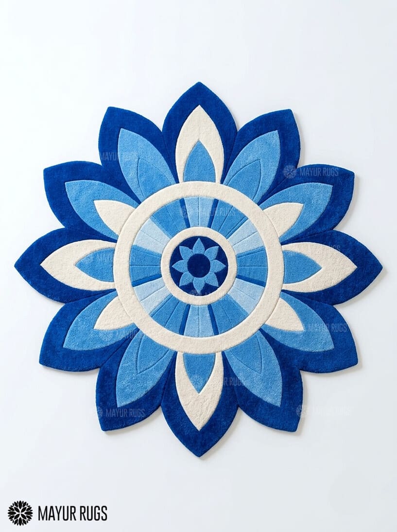 Blue rangoli floral hand-tufted wool area rug featuring symmetrical blue and ivory petals, concentric circles, and mandala-inspired Indian decorative artwork by Mayur Rugs.