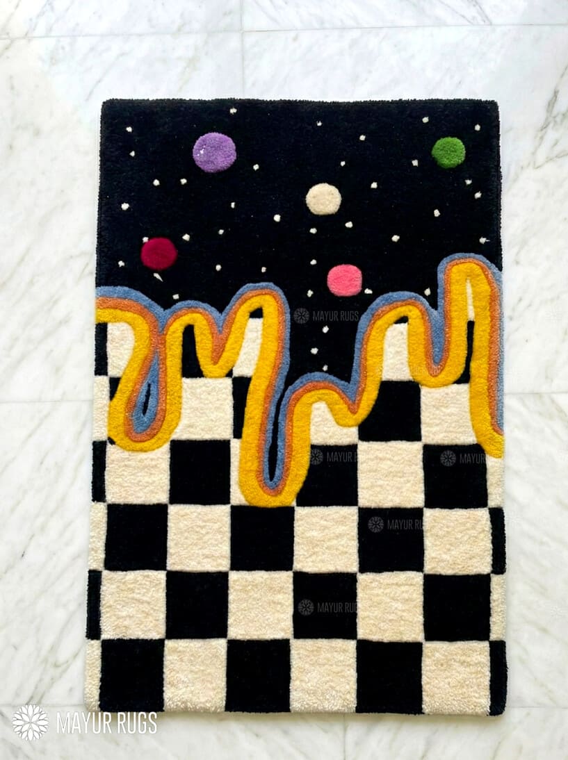 Cosmic drip checkerboard handmade wool rug with abstract space aesthetic design, premium custom area rug by Mayur Rugs