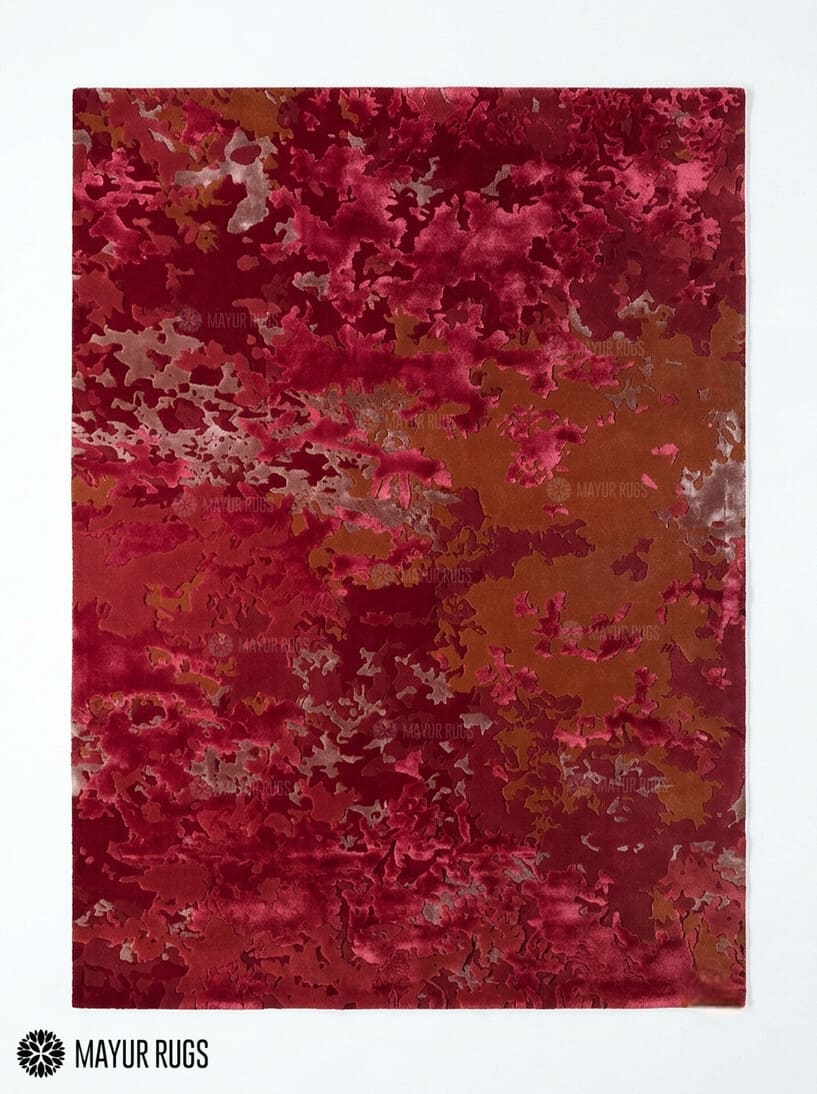 Crimson bloom abstract wool and silk hand-tufted area rug featuring layered cherry red, crimson, burgundy, wine, brown, blush, and beige floral-inspired organic patterns by Mayur Rugs.