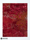 Crimson bloom abstract wool and silk hand-tufted area rug featuring layered cherry red, crimson, burgundy, wine, brown, blush, and beige floral-inspired organic patterns by Mayur Rugs.