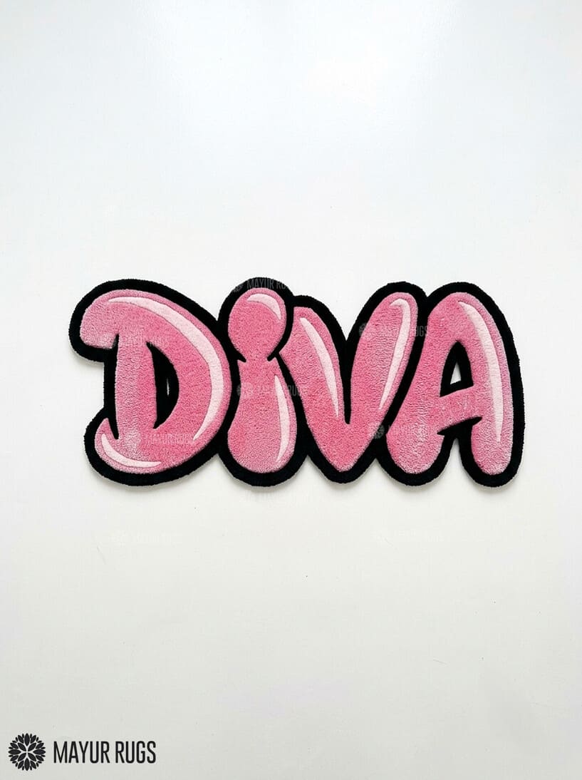 DIVA pink Y2K hand-tufted custom wool rug featuring oversized bubble-style pink lettering with lighter highlights and a bold black outline by Mayur Rugs.