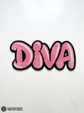 DIVA pink Y2K hand-tufted custom wool rug featuring oversized bubble-style pink lettering with lighter highlights and a bold black outline by Mayur Rugs.