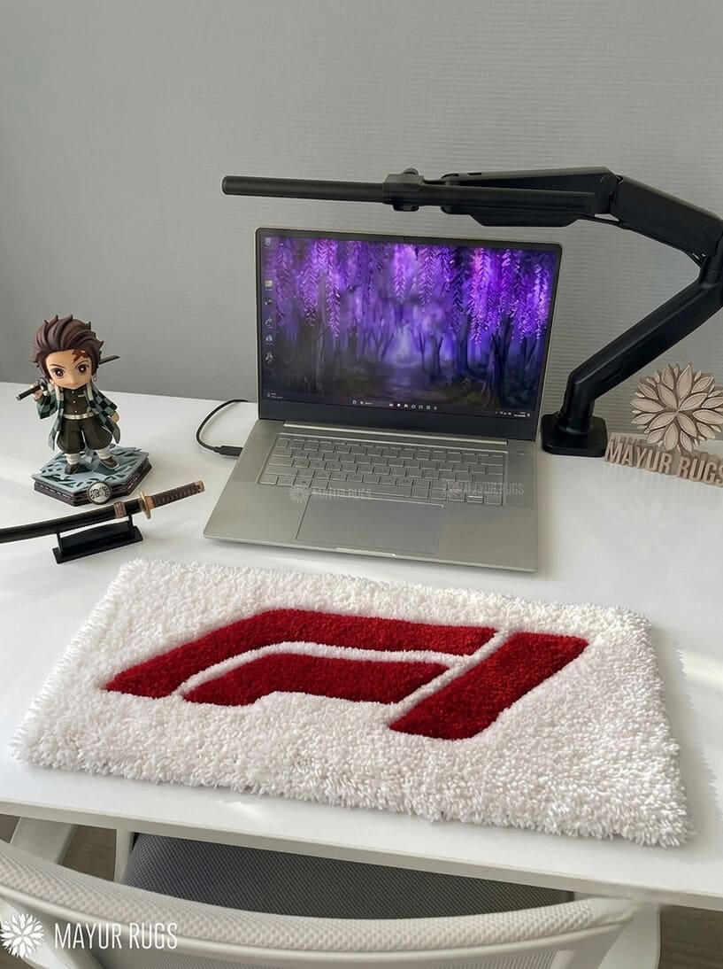 F1 inspired Formula racing hand-tufted keyboard rug featuring a bold red motorsport graphic on a plush white wool base for racing and gaming desk setups by Mayur Rugs.