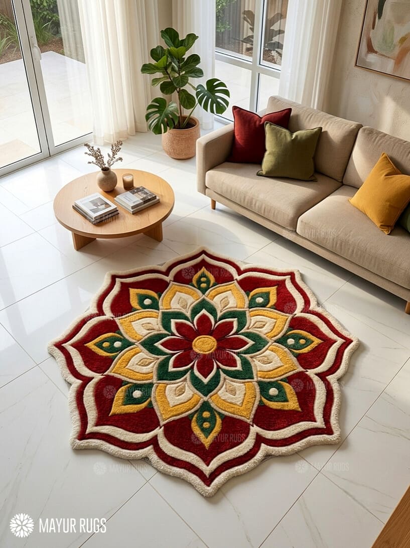 Festive rangoli-inspired hand-tufted floral mandala rug in maroon, mustard yellow, green and ivory with a scalloped flower shape by Mayur Rugs.