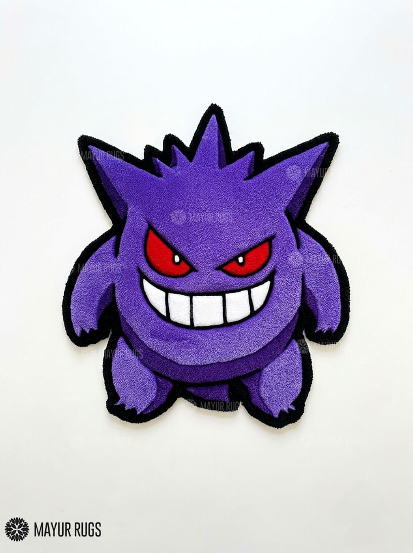 Gengar inspired Pokémon hand-tufted custom wool rug featuring a purple ghost character with red eyes, oversized white teeth, a mischievous grin, and bold black outlines by Mayur Rugs.