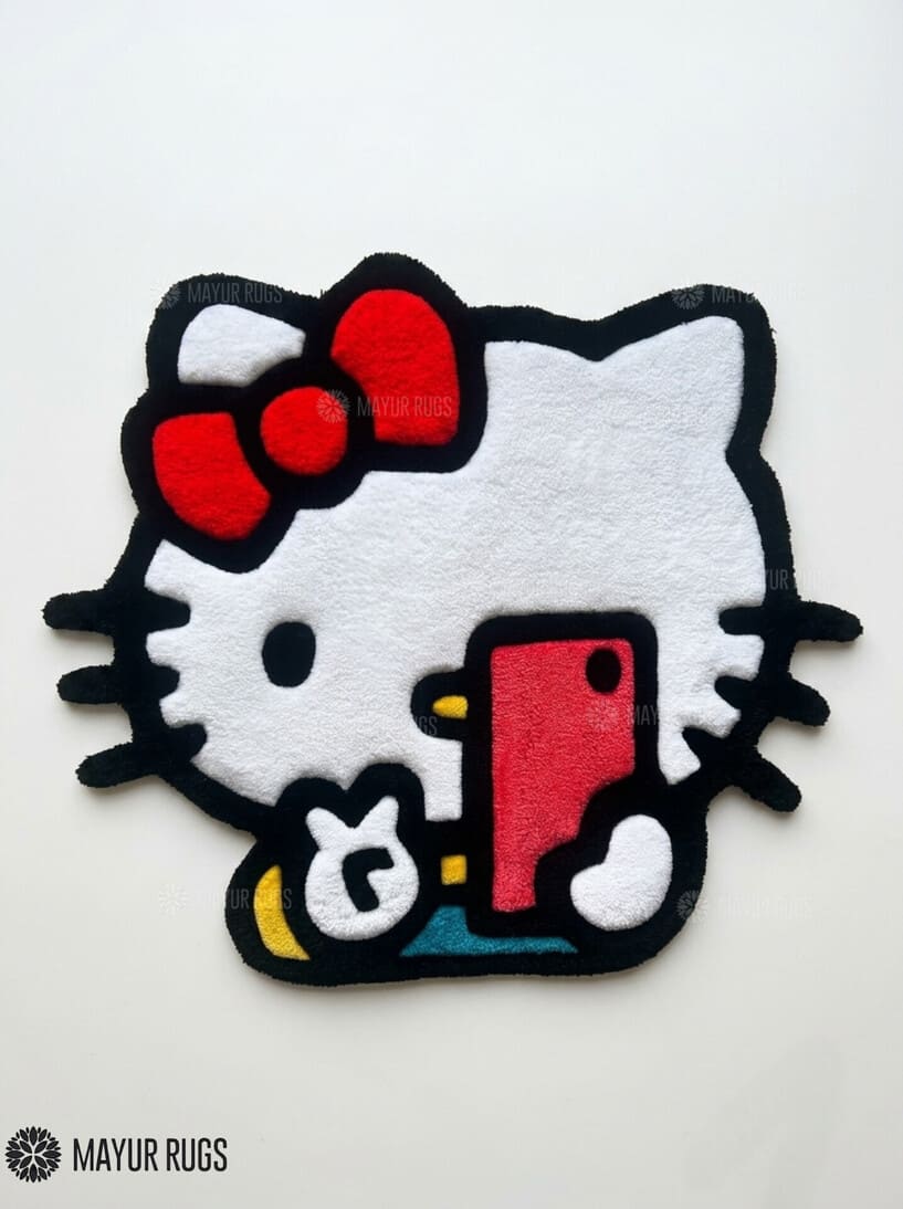 Hello Kitty inspired hand-tufted custom rug handmade in India by Mayur Rugs featuring a cute kawaii character-inspired design crafted from premium New Zealand wool with a dense plush pile.