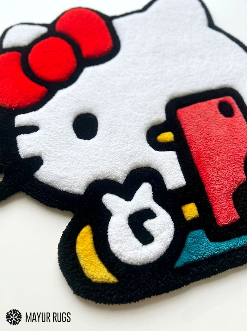 Hello Kitty inspired hand-tufted custom rug handmade in India by Mayur Rugs featuring a cute kawaii character-inspired design crafted from premium New Zealand wool with a dense plush pile.