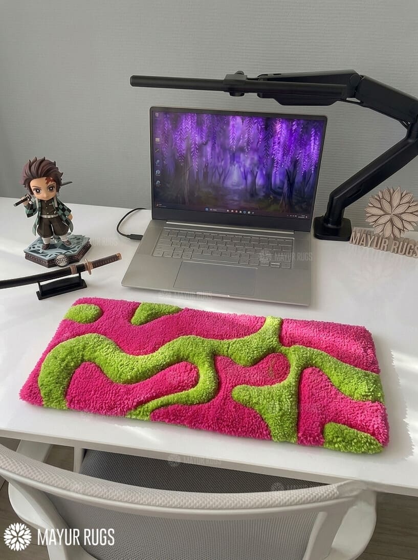 Hot pink and lime green abstract hand-tufted keyboard rug with flowing raised shapes displayed on a modern desk setup by Mayur Rugs.