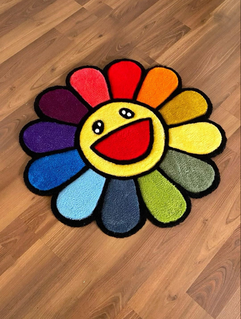 Colorful sun-shaped rug with a smiling face on a wooden floor