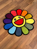 Colorful flower-shaped rug with a smiling face on a wooden floor