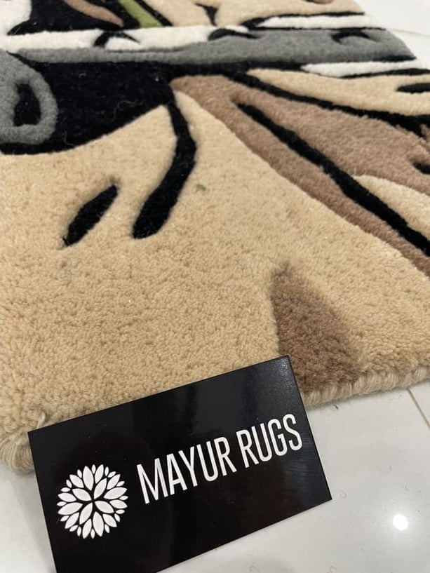 Mayur Rugs rug with a brand card in the foreground Zoro inspired One Piece hand-tufted wool rug with bold anime character design, premium custom area rug by Mayur Rugs