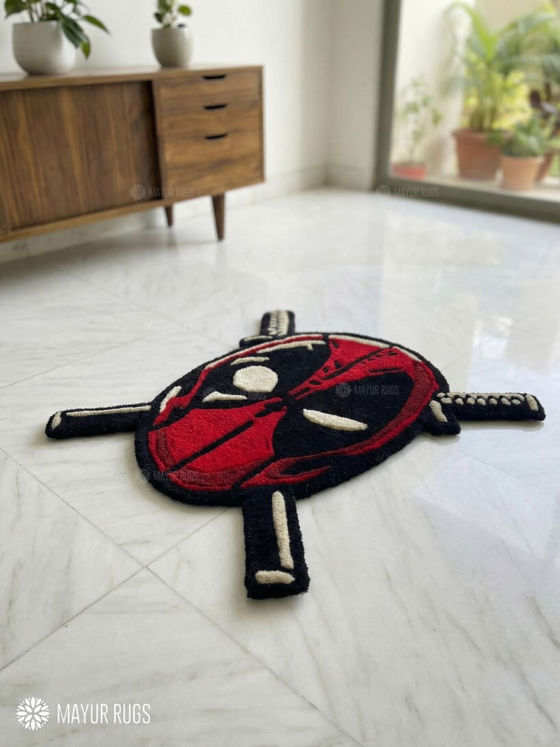 Deadpool inspired handmade wool rug with bold comic art design, premium custom area rug by Mayur Rugs