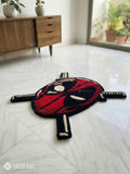 Deadpool inspired handmade wool rug with bold comic art design, premium custom area rug by Mayur Rugs