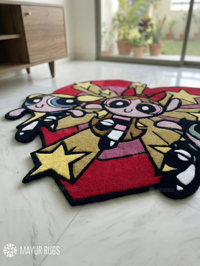 Powerpuff Girls inspired handmade wool rug with bold cartoon pop art design, premium custom area rug by Mayur Rugs
