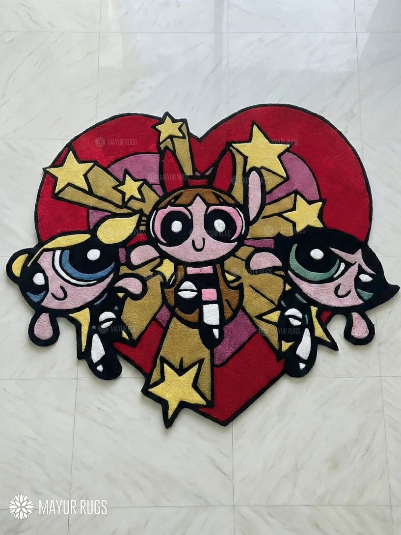 Powerpuff Girls inspired handmade wool rug with bold cartoon pop art design, premium custom area rug by Mayur Rugs