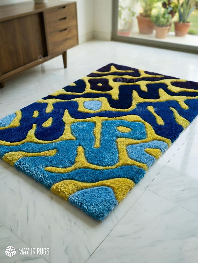 Abstract blue wavy handmade wool rug with flowing wave pattern, modern textured area rug by Mayur Rugs