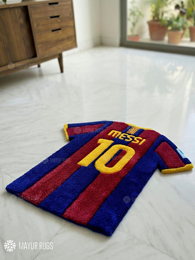 Messy jersey inspired handmade wool rug with abstract sports art design, premium custom area rug by Mayur Rugs