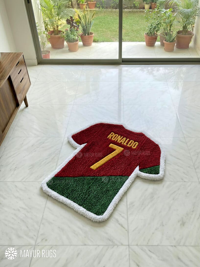 Ronaldo inspired handmade wool rug with bold football sports art design, premium custom area rug by Mayur Rugs