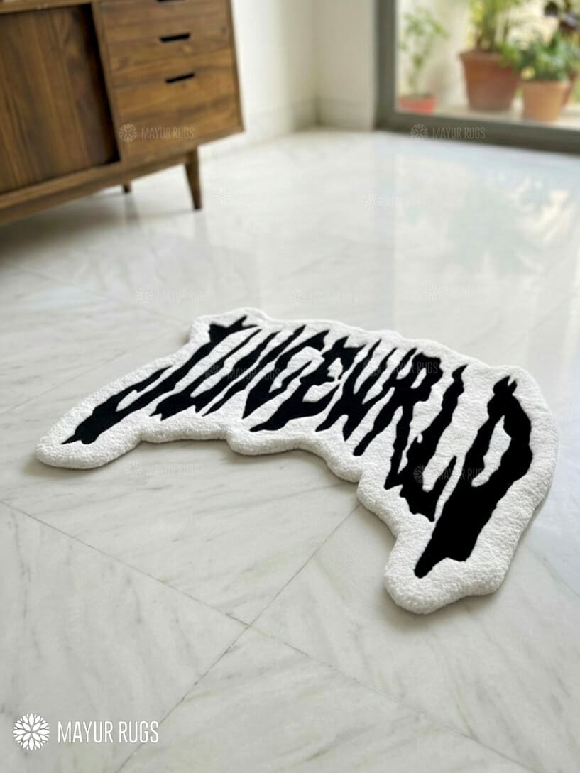 Juice WRLD inspired handmade wool rug with hip hop music art design, premium custom area rug by Mayur Rugs