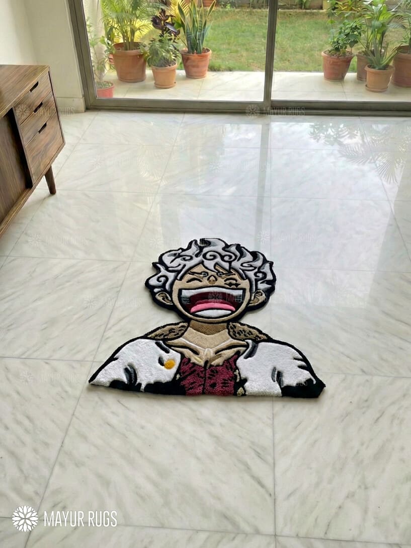 Luffy Gear 5 Joy Boy inspired handmade wool rug with One Piece anime art design, premium custom area rug by Mayur Rugs