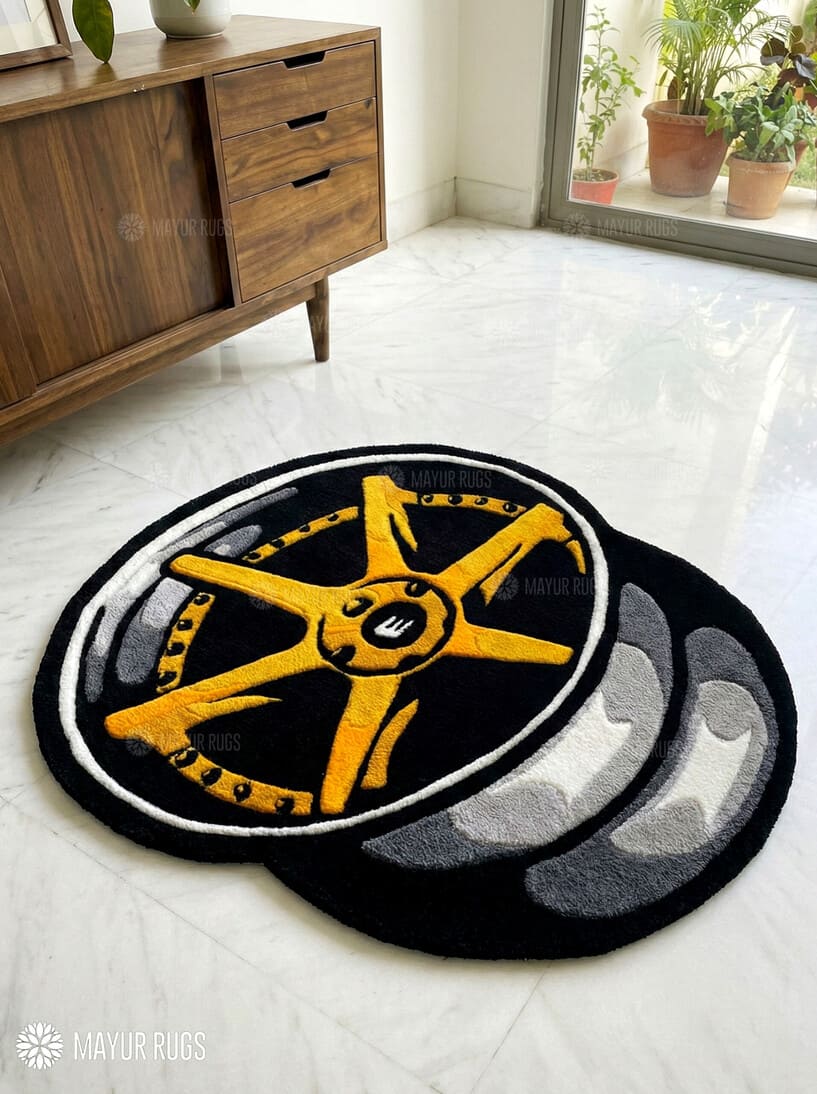 Alloy wheel inspired handtufted handmade wool rug with automotive design, premium custom area rug by Mayur Rugs