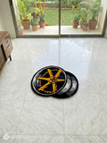 Alloy wheel inspired handtufted handmade wool rug with automotive design, premium custom area rug by Mayur Rugs